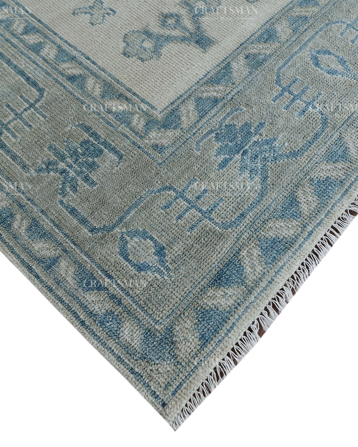 Hand Knotted Blue Oushak Rug 8x10, Vintage Persian Style Area Rug, Dusty Blue & Ivory Geometric Medallion Carpet