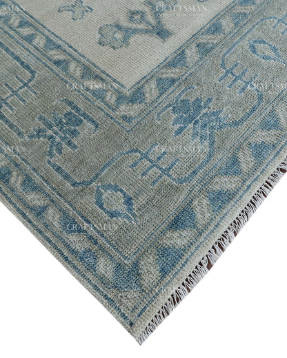 Hand Knotted Blue Oushak Rug 8x10, Vintage Persian Style Area Rug, Dusty Blue & Ivory Geometric Medallion Carpet