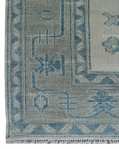 Hand Knotted Blue Oushak Rug 8x10, Vintage Persian Style Area Rug, Dusty Blue & Ivory Geometric Medallion Carpet