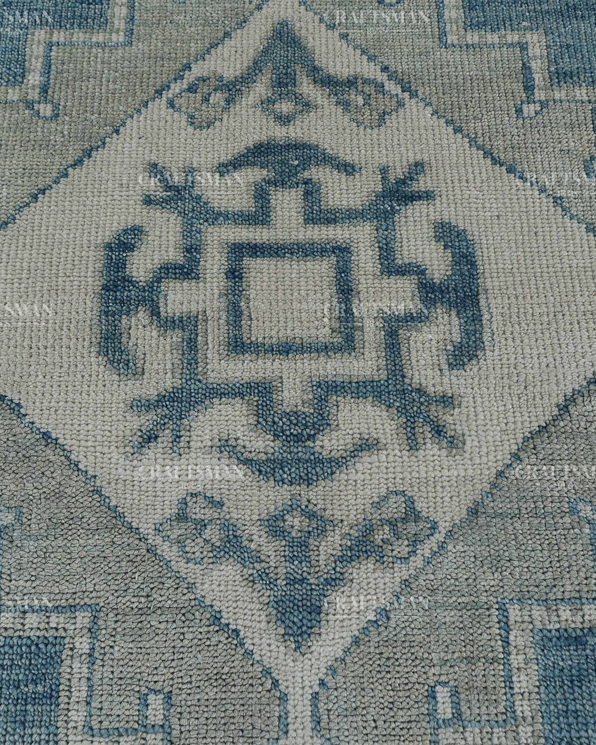 Hand Knotted Blue Oushak Rug 8x10, Vintage Persian Style Area Rug, Dusty Blue & Ivory Geometric Medallion Carpet