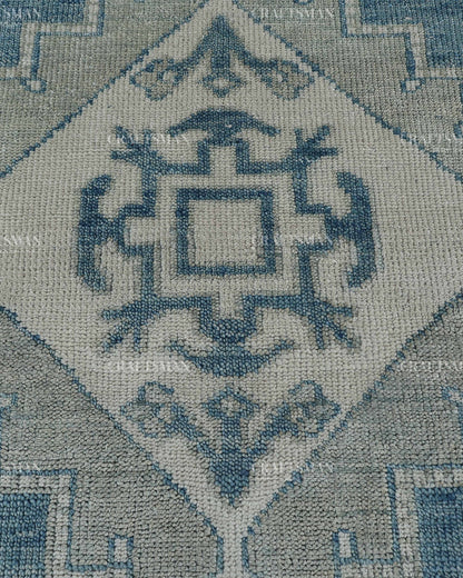 Hand Knotted Blue Oushak Rug 8x10, Vintage Persian Style Area Rug, Dusty Blue & Ivory Geometric Medallion Carpet