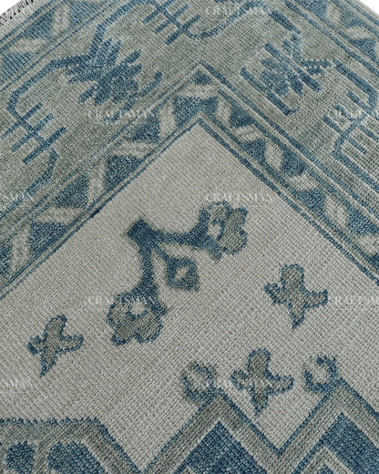 Hand Knotted Blue Oushak Rug 8x10, Vintage Persian Style Area Rug, Dusty Blue & Ivory Geometric Medallion Carpet