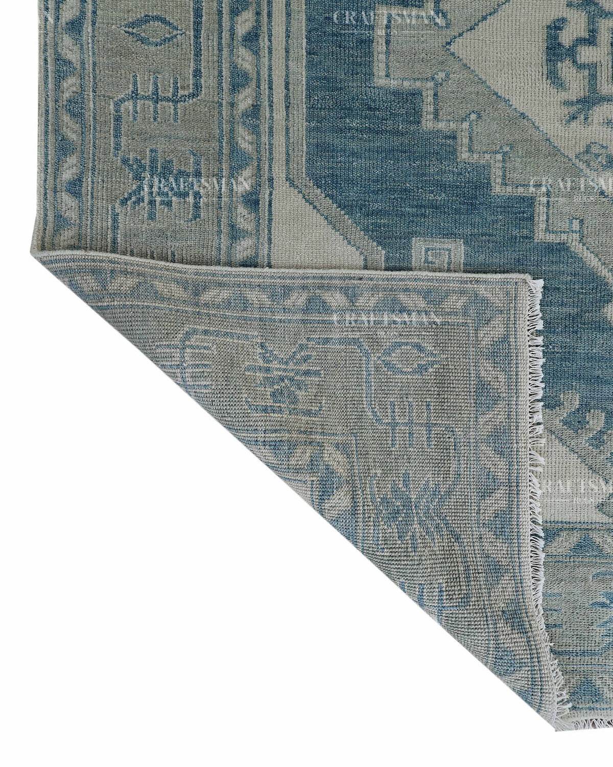 Hand Knotted Blue Oushak Rug 8x10, Vintage Persian Style Area Rug, Dusty Blue & Ivory Geometric Medallion Carpet