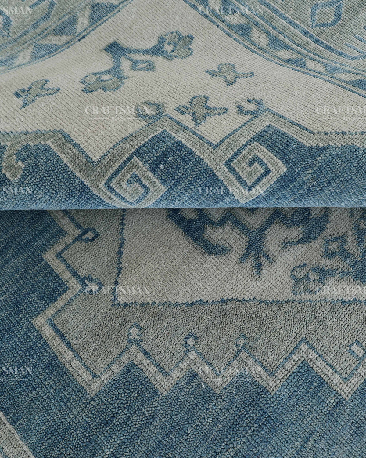 Hand Knotted Blue Oushak Rug 8x10, Vintage Persian Style Area Rug, Dusty Blue & Ivory Geometric Medallion Carpet