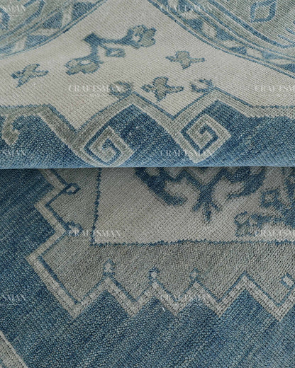 Hand Knotted Blue Oushak Rug 8x10, Vintage Persian Style Area Rug, Dusty Blue & Ivory Geometric Medallion Carpet