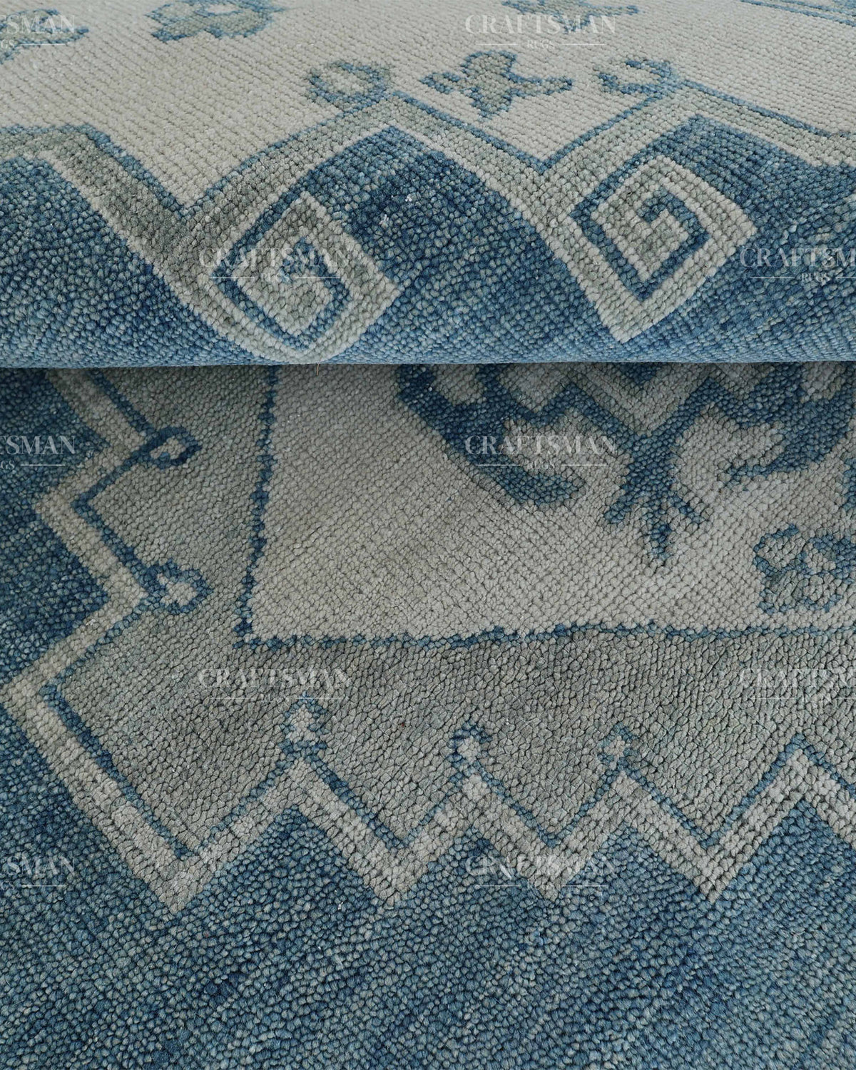 Hand Knotted Blue Oushak Rug 8x10, Vintage Persian Style Area Rug, Dusty Blue & Ivory Geometric Medallion Carpet