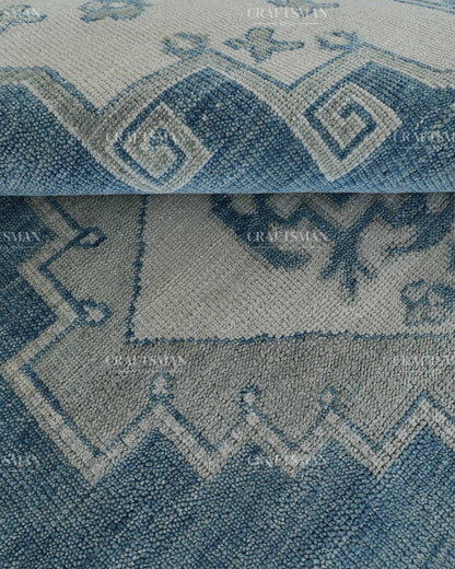 Hand Knotted Blue Oushak Rug 8x10, Vintage Persian Style Area Rug, Dusty Blue & Ivory Geometric Medallion Carpet