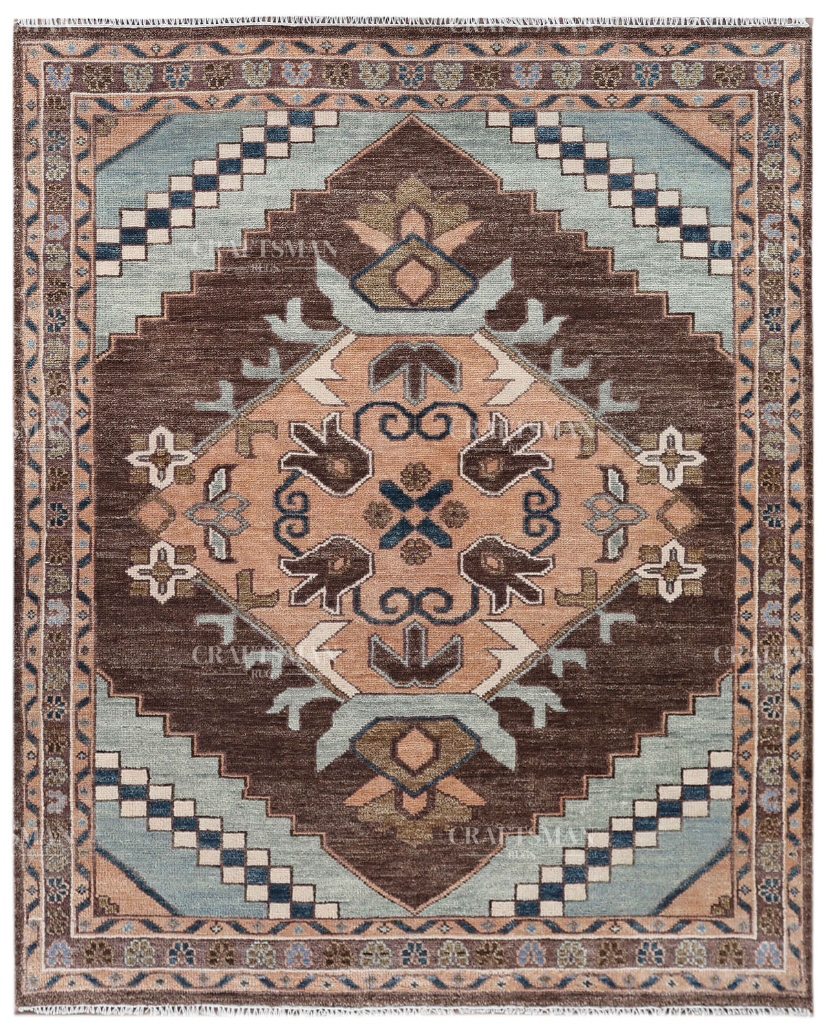 Hand Knotted Oushak Rug 8x10, Vintage Brown Persian Style Area Rug, Geometric Medallion Carpet in Rust, Blue & Ivory
