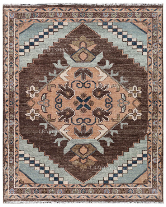 Hand Knotted Oushak Rug 8x10, Vintage Brown Persian Style Area Rug, Geometric Medallion Carpet in Rust, Blue & Ivory