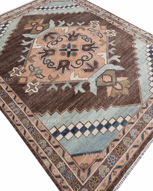 Hand Knotted Oushak Rug 8x10, Vintage Brown Persian Style Area Rug, Geometric Medallion Carpet in Rust, Blue & Ivory