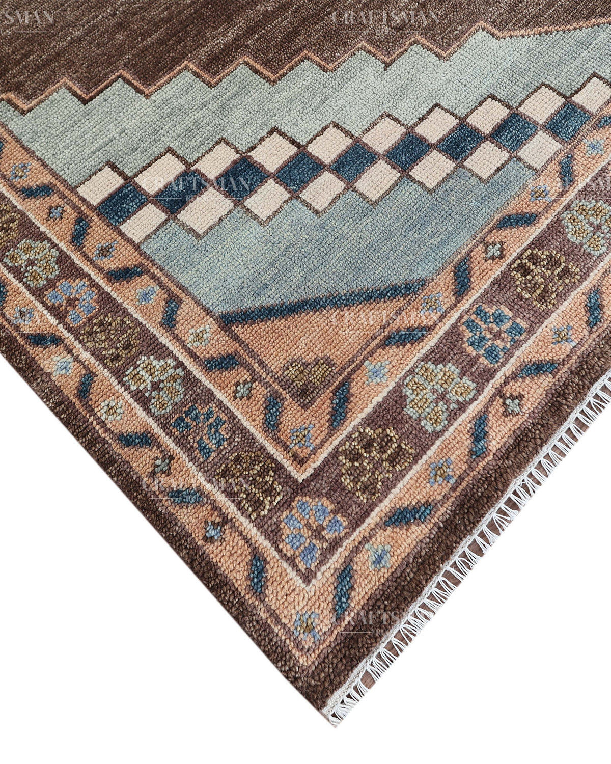 Hand Knotted Oushak Rug 8x10, Vintage Brown Persian Style Area Rug, Geometric Medallion Carpet in Rust, Blue & Ivory