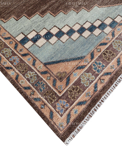 Hand Knotted Oushak Rug 8x10, Vintage Brown Persian Style Area Rug, Geometric Medallion Carpet in Rust, Blue & Ivory
