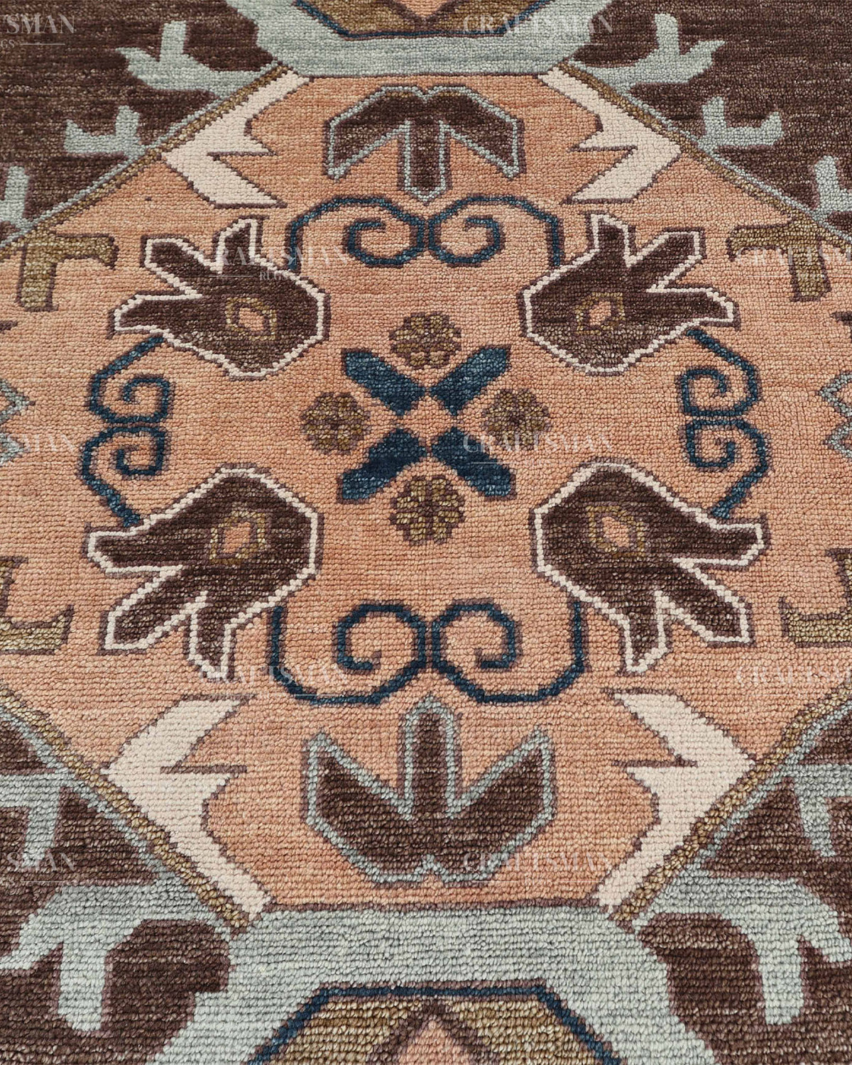 Hand Knotted Oushak Rug 8x10, Vintage Brown Persian Style Area Rug, Geometric Medallion Carpet in Rust, Blue & Ivory