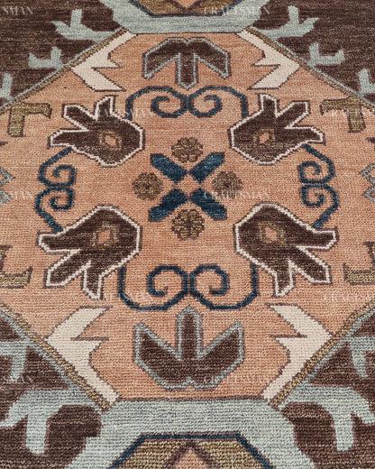 Hand Knotted Oushak Rug 8x10, Vintage Brown Persian Style Area Rug, Geometric Medallion Carpet in Rust, Blue & Ivory