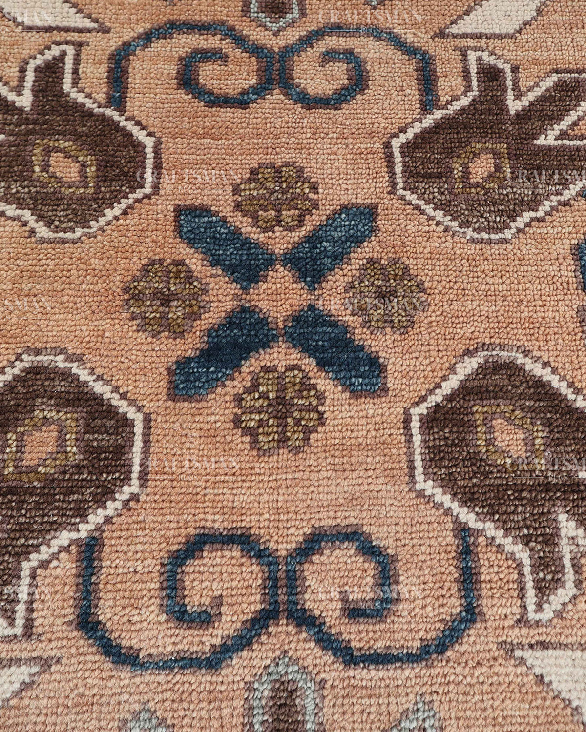 Hand Knotted Oushak Rug 8x10, Vintage Brown Persian Style Area Rug, Geometric Medallion Carpet in Rust, Blue & Ivory