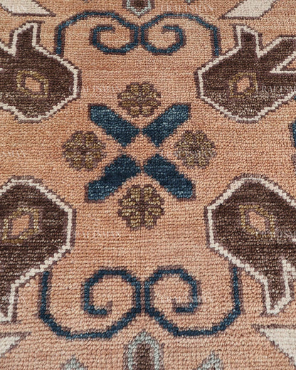 Hand Knotted Oushak Rug 8x10, Vintage Brown Persian Style Area Rug, Geometric Medallion Carpet in Rust, Blue & Ivory