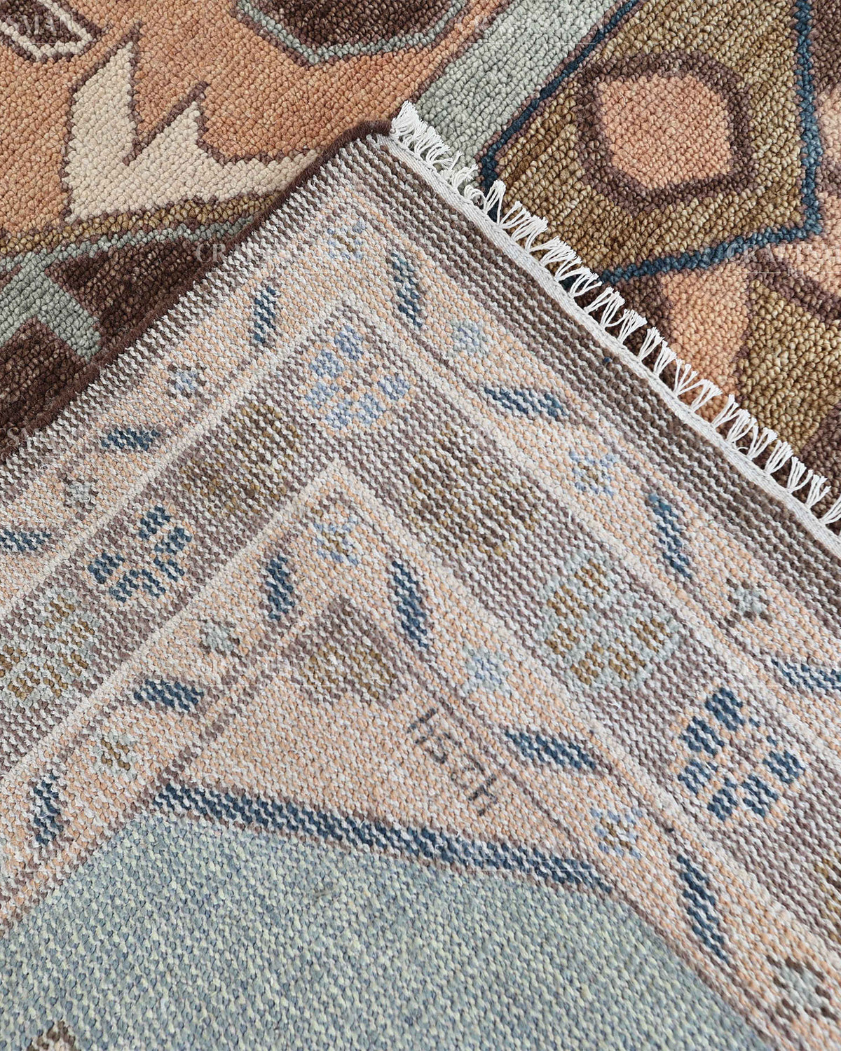 Hand Knotted Oushak Rug 8x10, Vintage Brown Persian Style Area Rug, Geometric Medallion Carpet in Rust, Blue & Ivory