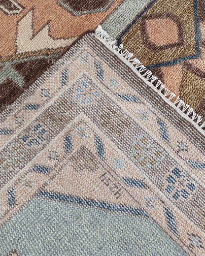 Hand Knotted Oushak Rug 8x10, Vintage Brown Persian Style Area Rug, Geometric Medallion Carpet in Rust, Blue & Ivory