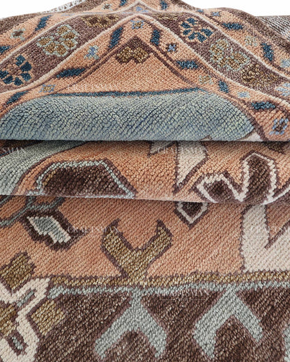 Hand Knotted Oushak Rug 8x10, Vintage Brown Persian Style Area Rug, Geometric Medallion Carpet in Rust, Blue & Ivory