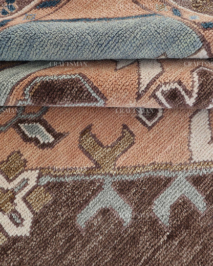 Hand Knotted Oushak Rug 8x10, Vintage Brown Persian Style Area Rug, Geometric Medallion Carpet in Rust, Blue & Ivory
