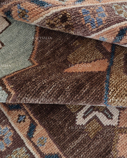 Hand Knotted Oushak Rug 8x10, Vintage Brown Persian Style Area Rug, Geometric Medallion Carpet in Rust, Blue & Ivory