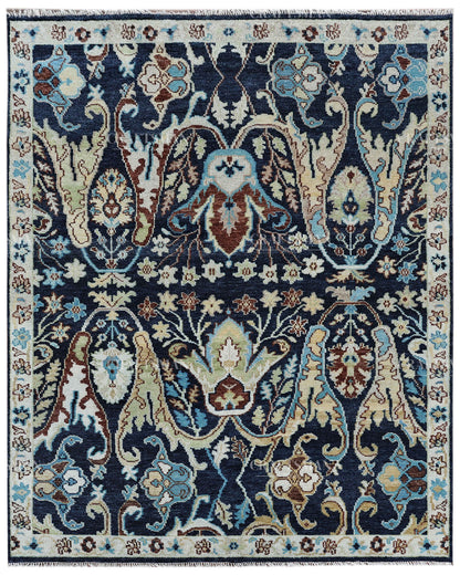 Hand Knotted Navy Blue Oushak Rug 8x10, Vintage Persian Style Area Rug, Ivory & Turquoise Floral Medallion Carpet