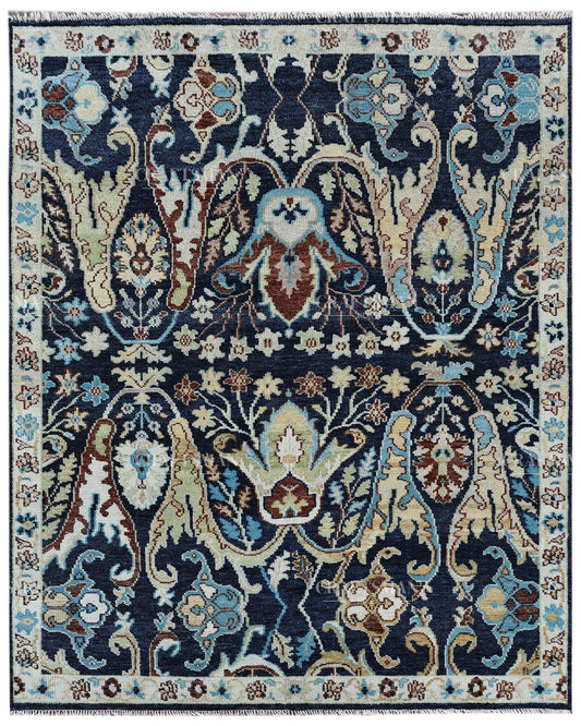 Hand Knotted Navy Blue Oushak Rug 8x10, Vintage Persian Style Area Rug, Ivory & Turquoise Floral Medallion Carpet