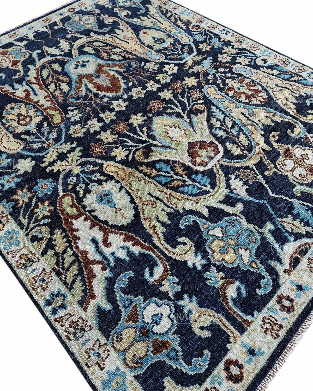 Hand Knotted Navy Blue Oushak Rug 8x10, Vintage Persian Style Area Rug, Ivory & Turquoise Floral Medallion Carpet