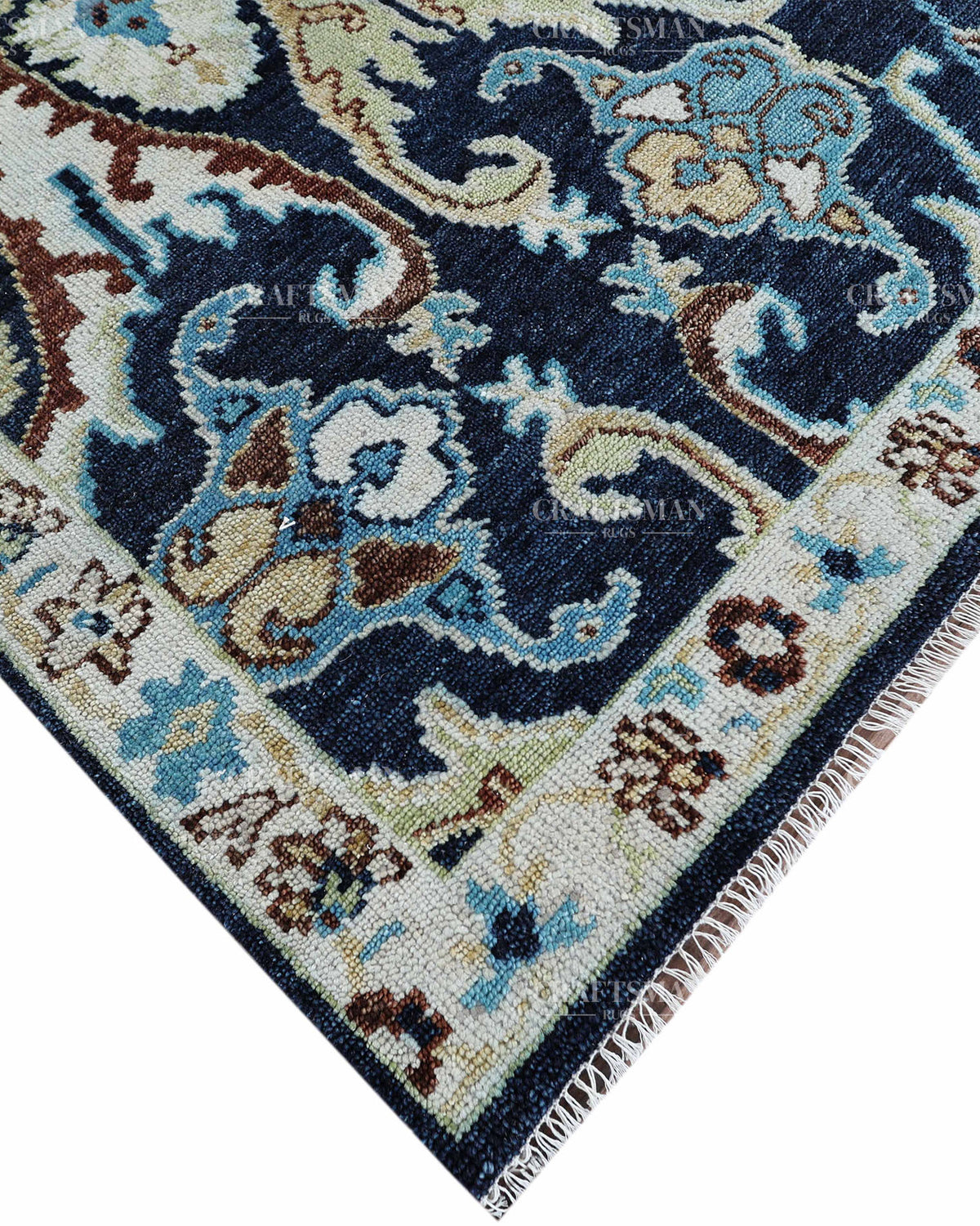 Hand Knotted Navy Blue Oushak Rug 8x10, Vintage Persian Style Area Rug, Ivory & Turquoise Floral Medallion Carpet