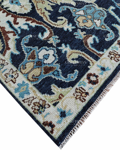 Hand Knotted Navy Blue Oushak Rug 8x10, Vintage Persian Style Area Rug, Ivory & Turquoise Floral Medallion Carpet