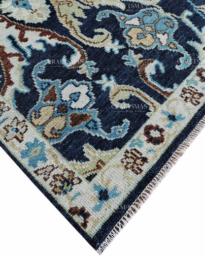 Hand Knotted Navy Blue Oushak Rug 8x10, Vintage Persian Style Area Rug, Ivory & Turquoise Floral Medallion Carpet