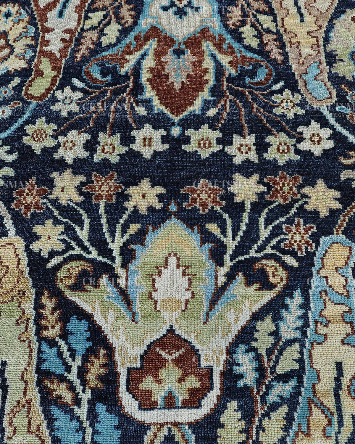 Hand Knotted Navy Blue Oushak Rug 8x10, Vintage Persian Style Area Rug, Ivory & Turquoise Floral Medallion Carpet