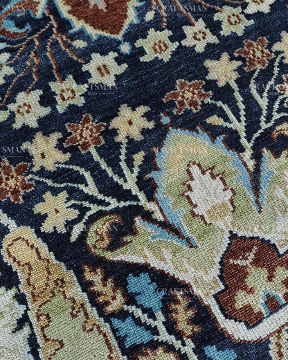 Hand Knotted Navy Blue Oushak Rug 8x10, Vintage Persian Style Area Rug, Ivory & Turquoise Floral Medallion Carpet
