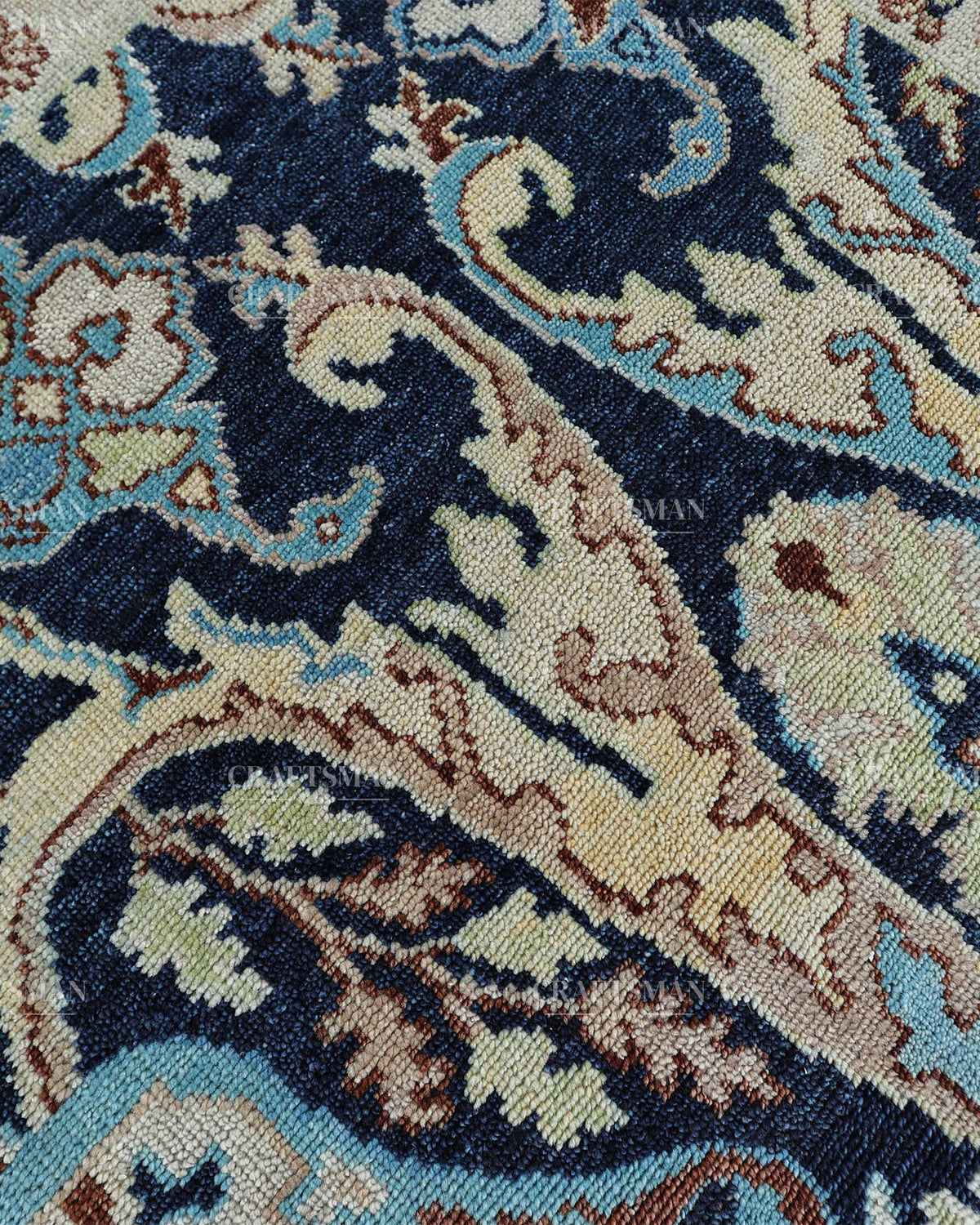 Hand Knotted Navy Blue Oushak Rug 8x10, Vintage Persian Style Area Rug, Ivory & Turquoise Floral Medallion Carpet