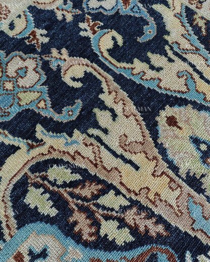 Hand Knotted Navy Blue Oushak Rug 8x10, Vintage Persian Style Area Rug, Ivory & Turquoise Floral Medallion Carpet