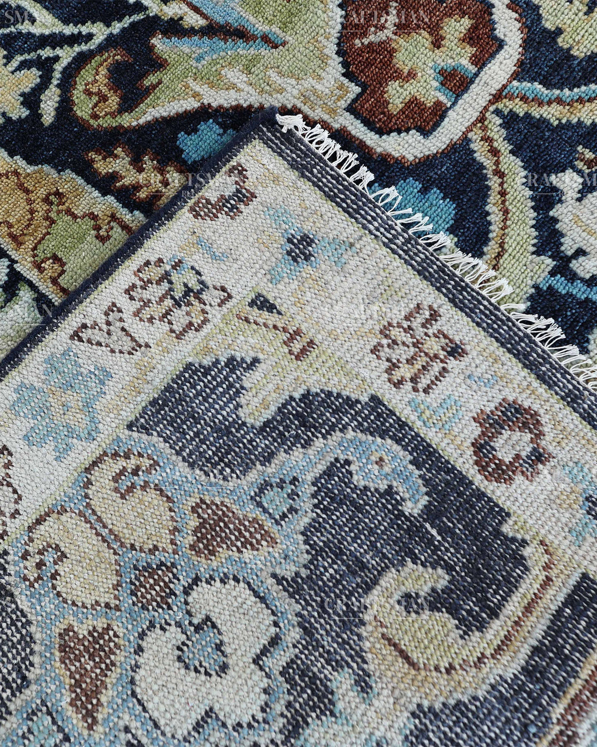 Hand Knotted Navy Blue Oushak Rug 8x10, Vintage Persian Style Area Rug, Ivory & Turquoise Floral Medallion Carpet