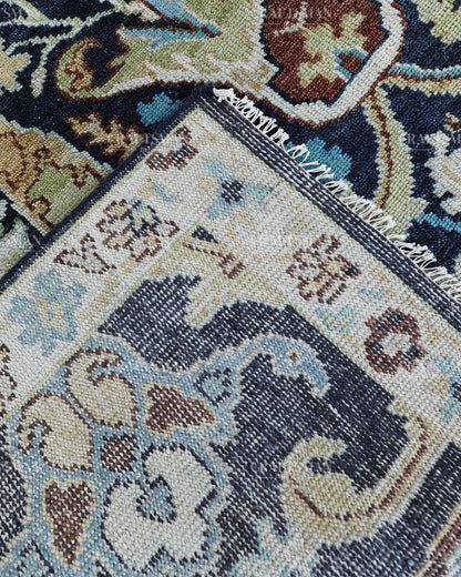 Hand Knotted Navy Blue Oushak Rug 8x10, Vintage Persian Style Area Rug, Ivory & Turquoise Floral Medallion Carpet