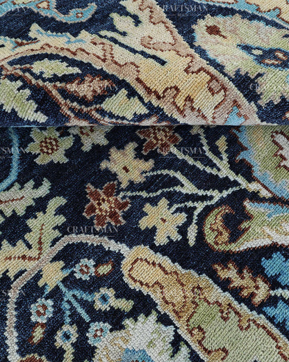 Hand Knotted Navy Blue Oushak Rug 8x10, Vintage Persian Style Area Rug, Ivory & Turquoise Floral Medallion Carpet