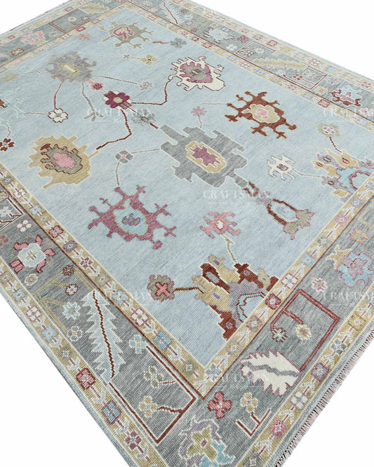 Hand Knotted Oushak Rug 9x12, Vintage Persian Style Area Rug, Light Blue & Gray Floral Geometric Carpet with Multicolor Accents