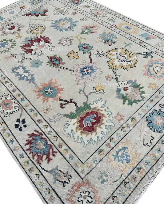 Hand Knotted Oushak Rug 9x12, Ivory Vintage Persian Style Area Rug, Multicolor Floral Medallion Carpet for Living Room