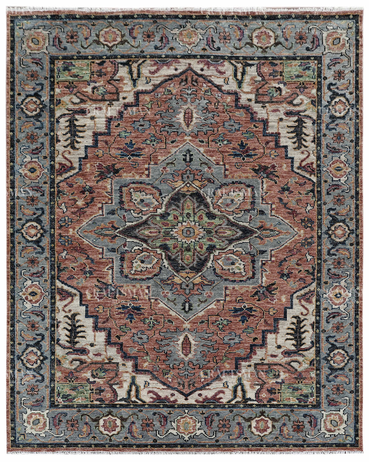 Vintage Terracotta Blue Oushak Style Rug 9x12, Persian Floral Medallion Area Rug, Distressed Traditional Oriental Carpet