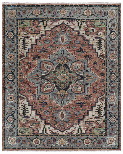 Vintage Terracotta Blue Oushak Style Rug 9x12, Persian Floral Medallion Area Rug, Distressed Traditional Oriental Carpet