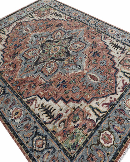 Vintage Terracotta Blue Oushak Style Rug 9x12, Persian Floral Medallion Area Rug, Distressed Traditional Oriental Carpet
