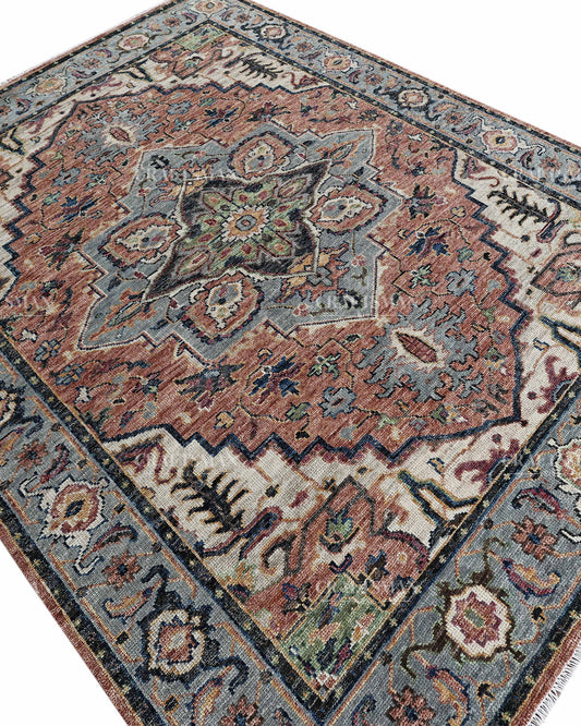 Vintage Terracotta Blue Oushak Style Rug 9x12, Persian Floral Medallion Area Rug, Distressed Traditional Oriental Carpet
