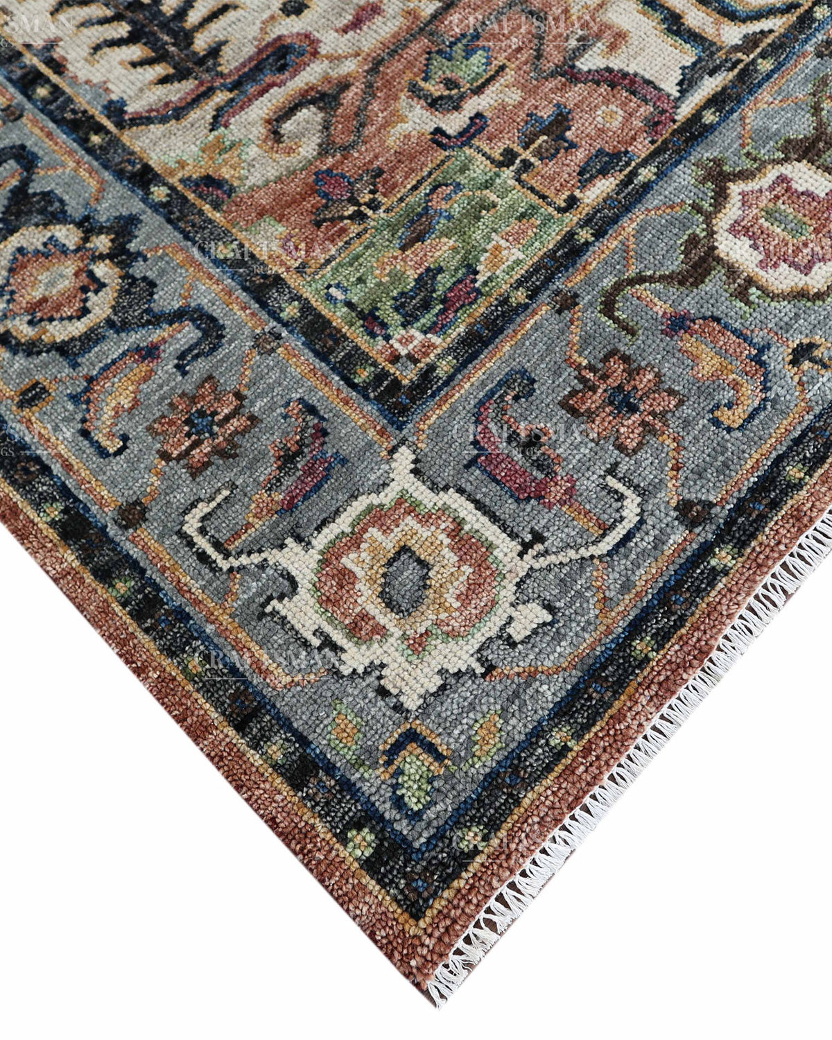 Vintage Terracotta Blue Oushak Style Rug 9x12, Persian Floral Medallion Area Rug, Distressed Traditional Oriental Carpet