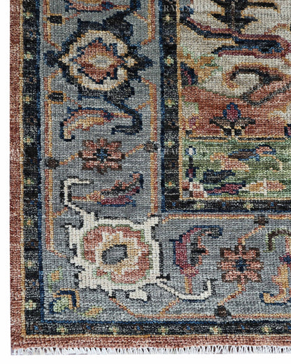 Vintage Terracotta Blue Oushak Style Rug 9x12, Persian Floral Medallion Area Rug, Distressed Traditional Oriental Carpet