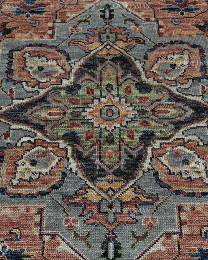 Vintage Terracotta Blue Oushak Style Rug 9x12, Persian Floral Medallion Area Rug, Distressed Traditional Oriental Carpet