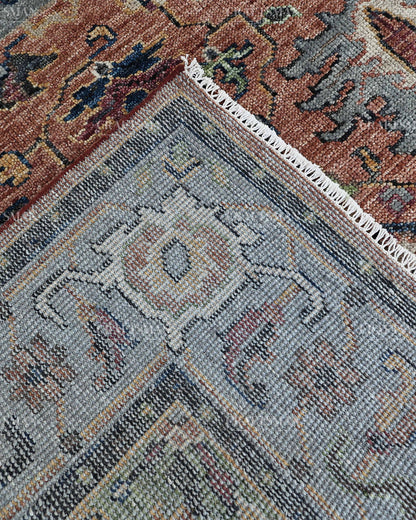 Vintage Terracotta Blue Oushak Style Rug 9x12, Persian Floral Medallion Area Rug, Distressed Traditional Oriental Carpet