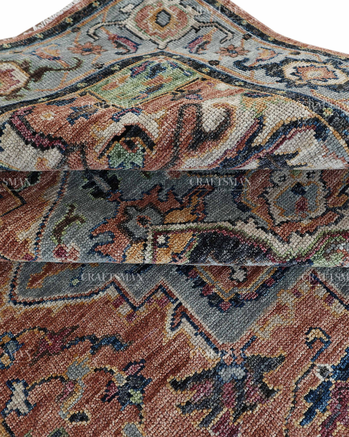 Vintage Terracotta Blue Oushak Style Rug 9x12, Persian Floral Medallion Area Rug, Distressed Traditional Oriental Carpet