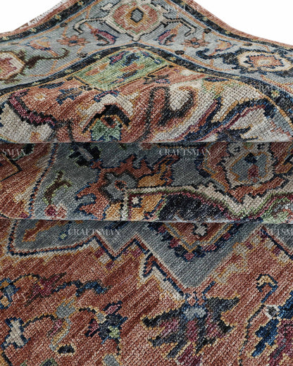Vintage Terracotta Blue Oushak Style Rug 9x12, Persian Floral Medallion Area Rug, Distressed Traditional Oriental Carpet